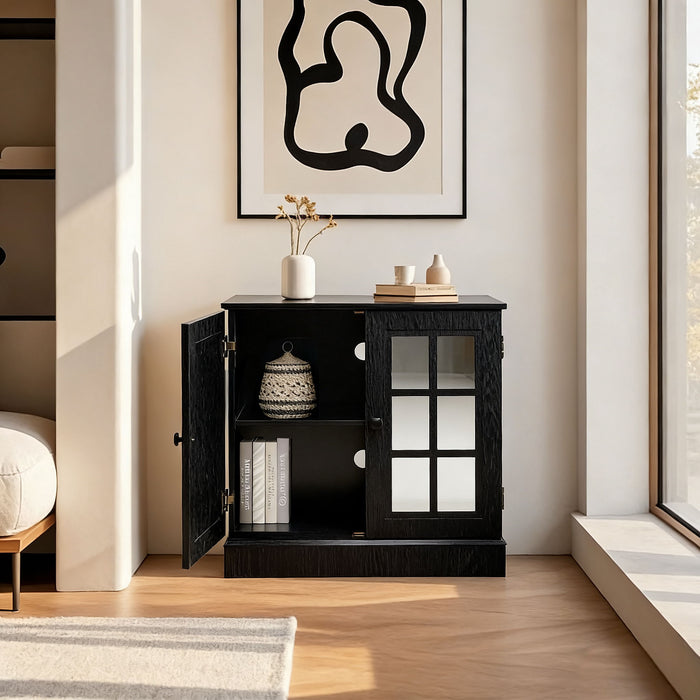 Sideboard Cabinet With Mirrored Doors, Adjustable Shelf, Metal Handles