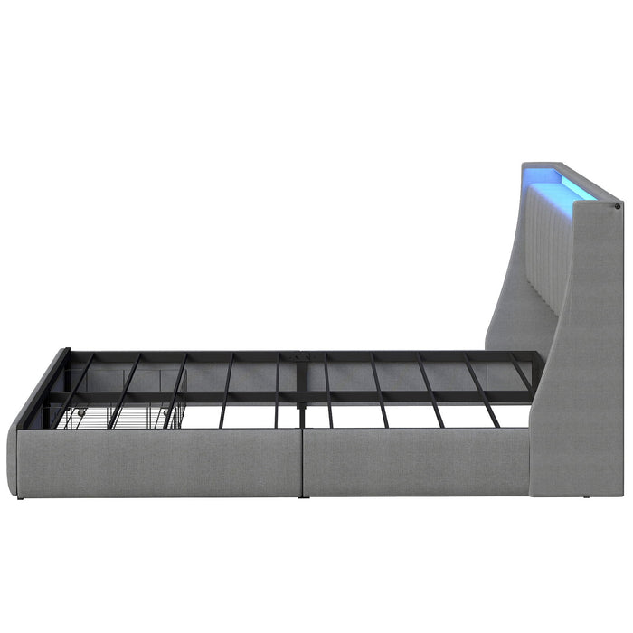 Upholstered Platform Bed Frame With RGB LED Lights, Charging Station & 2 Underbed Drawers