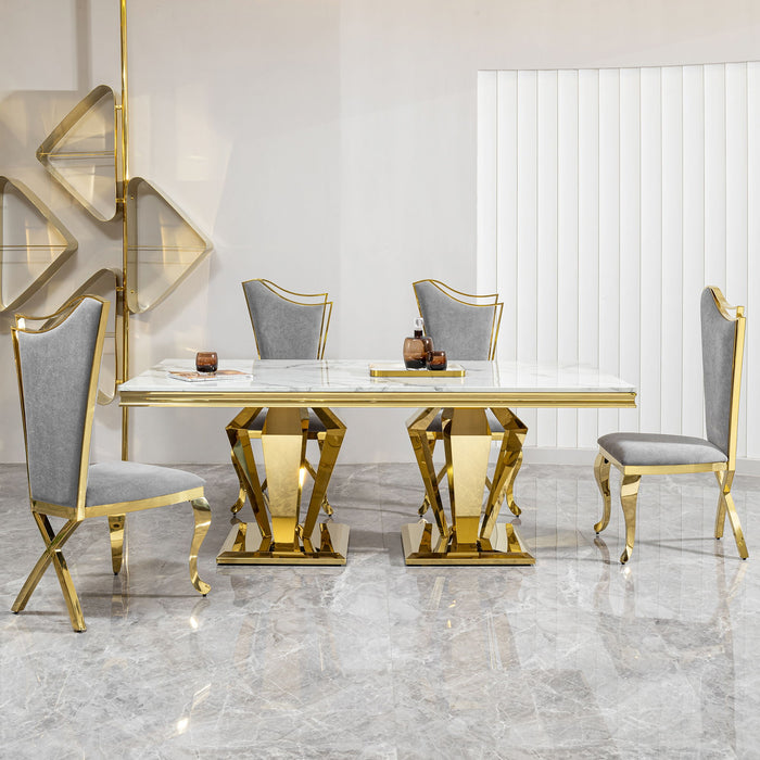 79.53 In. Elegant Marble Pattern Dining Table For 6 Or 8 Seats Polished Stainless Steel Base - Gold