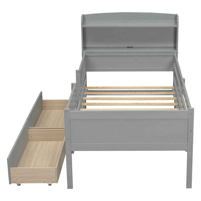 Platform Bed With LED Light, Multi Functional Headboard, Guardrail And 2 Drawers