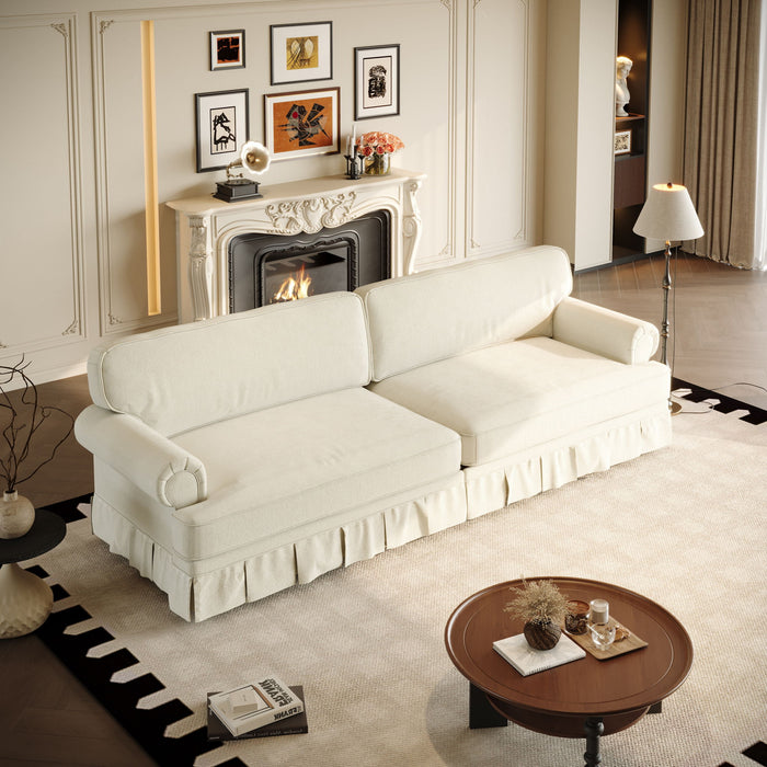 Luxuriously Comfortable Cloud Couch Sofa With Elegant Rolled Arms & Pleated Skirt Design