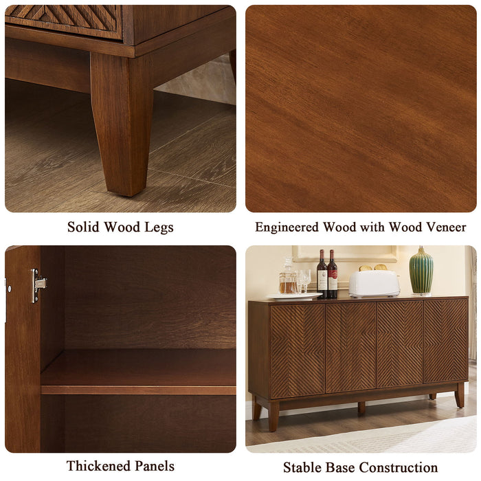 TV Stand With Carved Geometric Doors Storage Cabinet, 4 Door Media Console For Living Room - Walnut