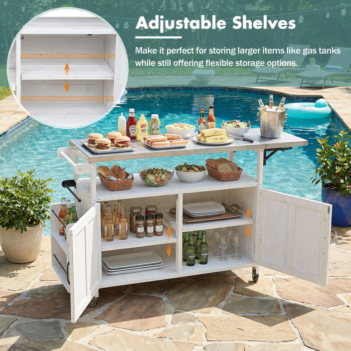 Foldable Outdoor Kitchen Island With Lockable Wheels, Storage Cabinet And Towel Rack For Patio