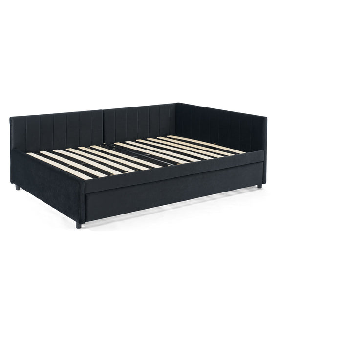 Full Size Upholstered Daybed With Trundle, Tufted Backrest And Armrests - Black