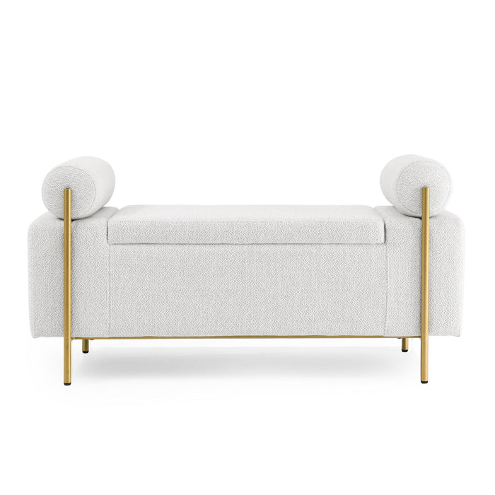 Elegant Upholstered Linen Storage Bench With Cylindrical Arms And Iron Legs, White