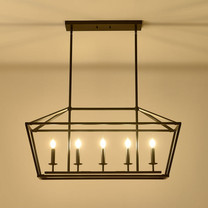 5 Light Farmhouse Kitchen Island Lighting, 5 Light Industrial Linear Chandelier For Dining Room Metal Hanging Pendant Light Fixture For Bedroom Living Room Hallway Conference Room - Matte Black