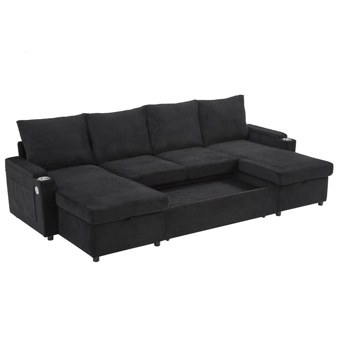 U Shaped Sectional Sofa Bed With Storage Chaise Lounges, USB Ports, And Cup Holders