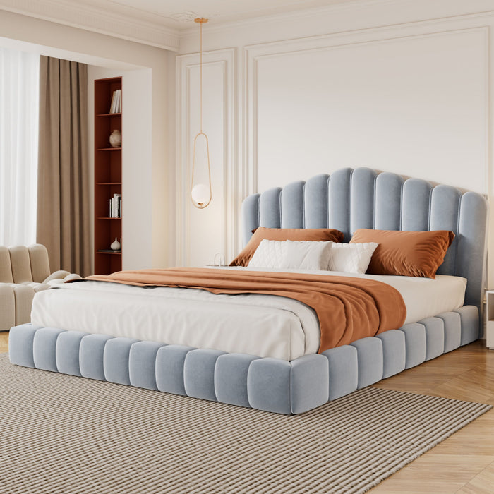 Queen Upholstered Bed Frame With Shell Shaped Headboard - Light Blue - Light Blue