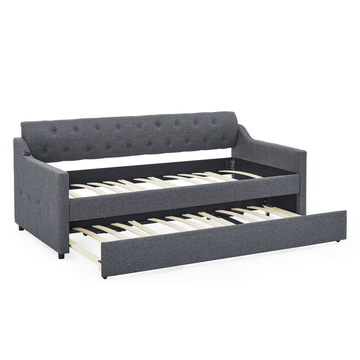 Daybed With Trundle And Storage Drawers, Flat Arms With Pocket
