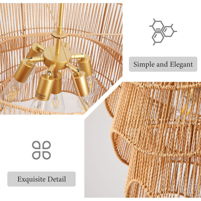 Chandelier With 7 Light E26 Base, Adjustable Height Wave Pendant Light For Living Room - Gold