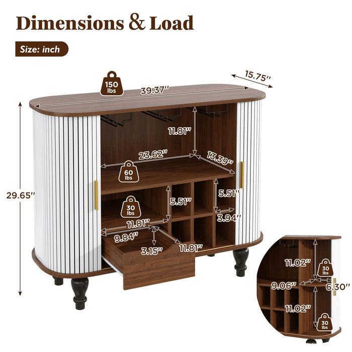 Fluted Liquor & Coffee Bar Cabinet With 6 Wine Racks And 3 Glass Holders