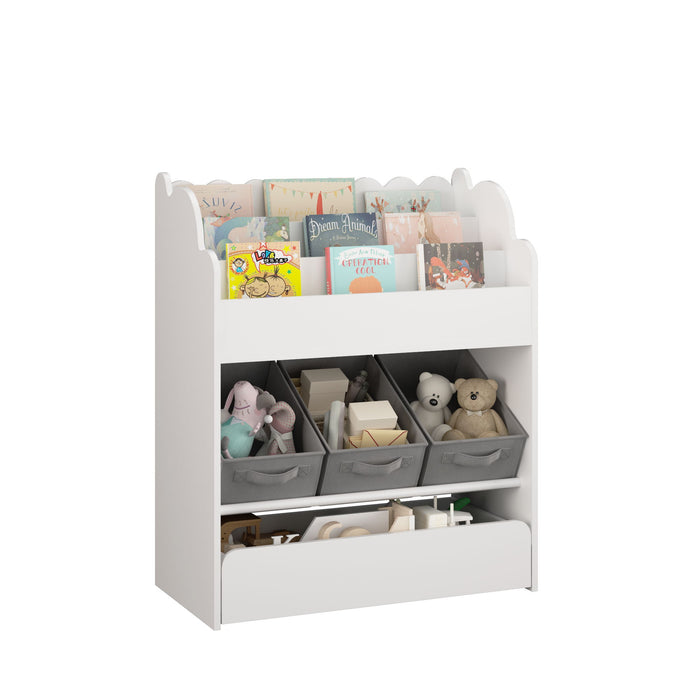Bookshelf With Storage Bins And Drawer, Multi Functional Book Organizer For Toddlers - White