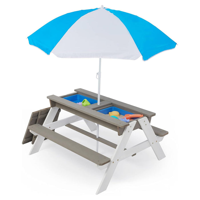 Wooden Kids Picnic Table, Sand And Water Table With Umbrella, Activity Table For Outdoor Backyard Patio Play - White / Gray