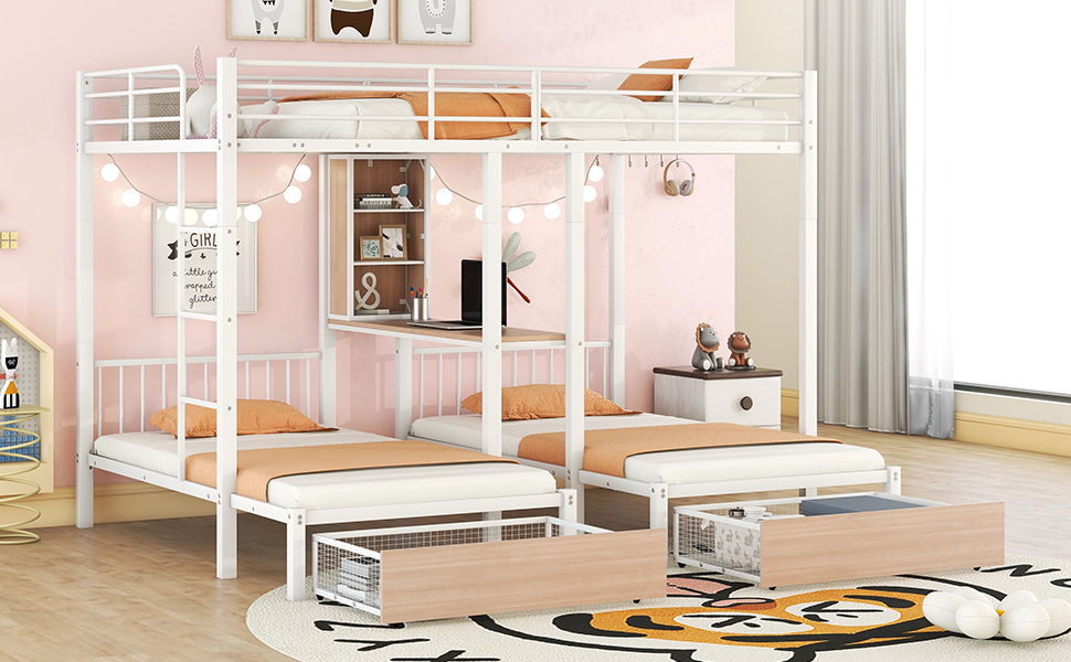 Triple Bunk Bed With Drawers, Multi-Functional Frame With Desks And Shelves In The Middle