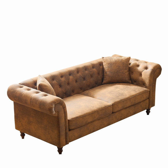 Chesterfield Sofa, High Roll Armrest Sofa, Upholstered Mid Century Modern Couch, 3 Seater Couch - Brown