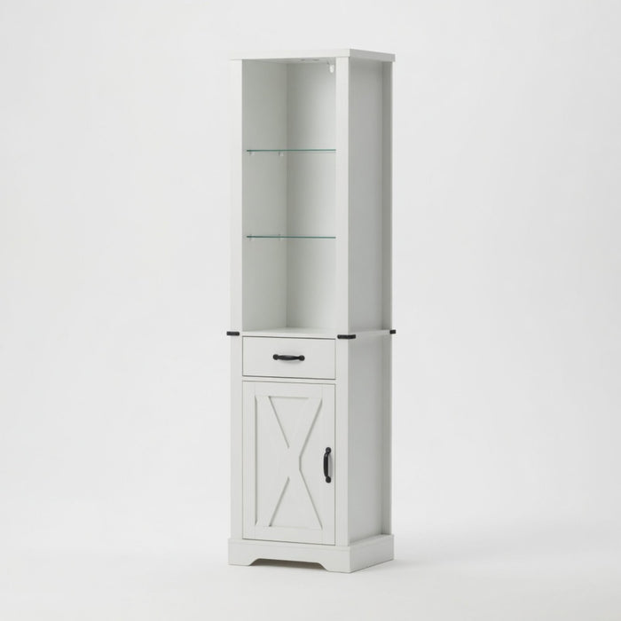 Pantry Cabinet With LED Lights And Barn Door With Tempered Glass Shelves - White