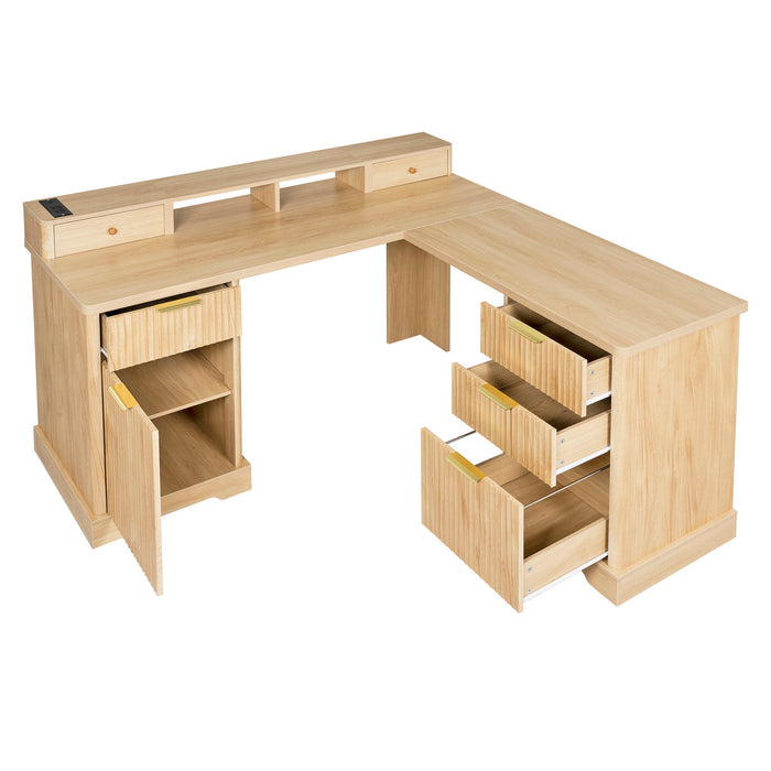 Fluted L-Shaped Desk With Charging Station & Storage Cabinet
