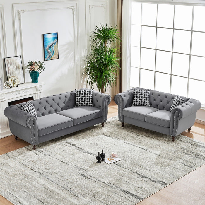 Chesterfield 3 And 2 Seater Velvet Upholstery Sofa With Roll Armrest & Nailhead Fabric Couch