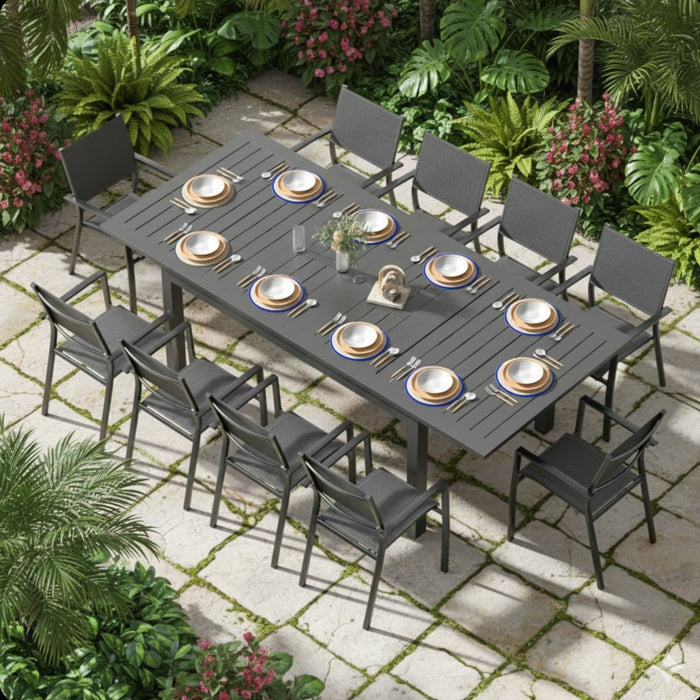 Extendable Outdoor Dining Table, All Weather, Slatted Top, Rust Proof - Gray