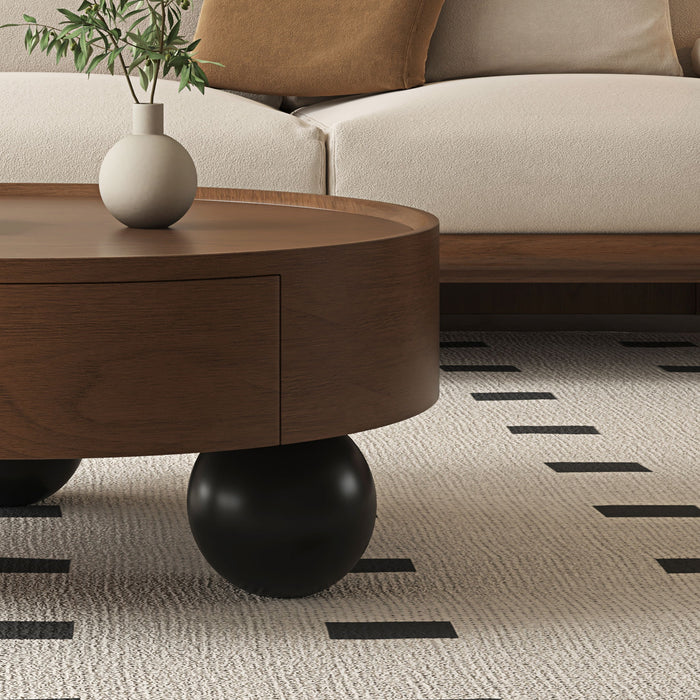 Round Coffee Table With Storage Drawer And Ball Feet - Walnut / Black