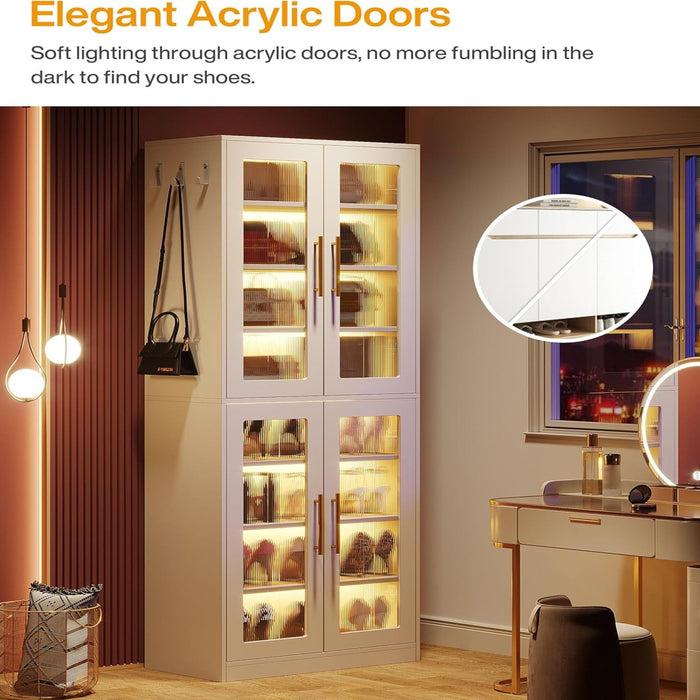 Bookcase With Doors And LED Lighting, 8 Adjustable Shelves Storage Cabinet