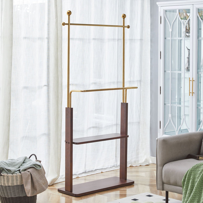 Hanger Double Layer Coat Rack With Solid Wood Partition - Gold / Walnut