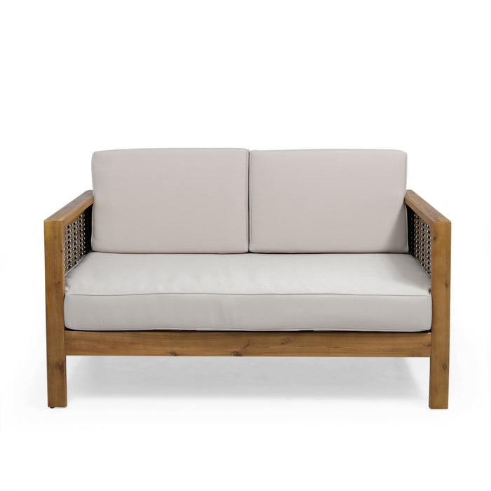 Outdoor 4 Seater Acacia Wood Chat Set With Wicker Accents And Cushions - Teak / Mixed Brown / Beige