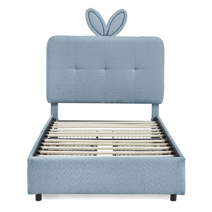 Upholstered Bed With Oversized Rabbit Ear Headboard, LED Lights & 4 Storage Drawers