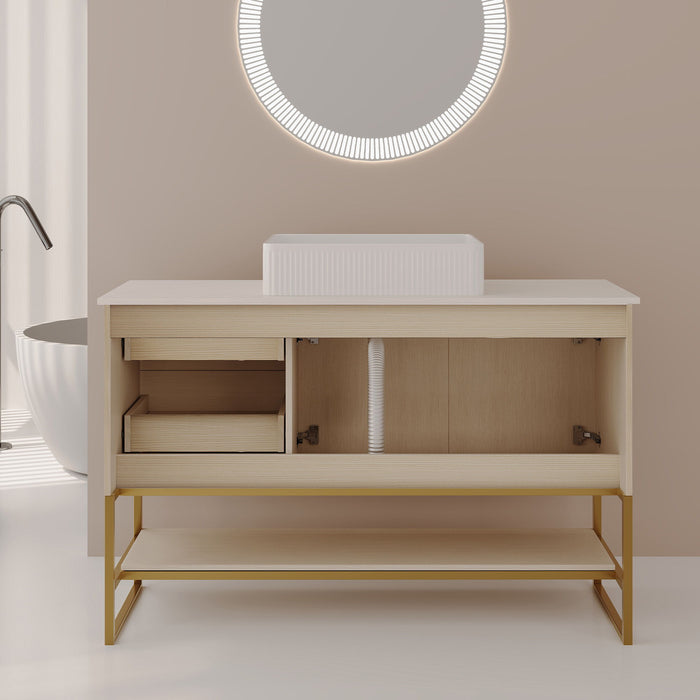 Bathroom Vanity With Vessel Sink Accent Free Standing Cabinet - Ameican White Oak / Gold / White