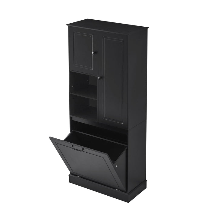 Modern Tall Storage Cabinet With Adjustable Shelves, Flip-Out Basket & Enclosed Doors