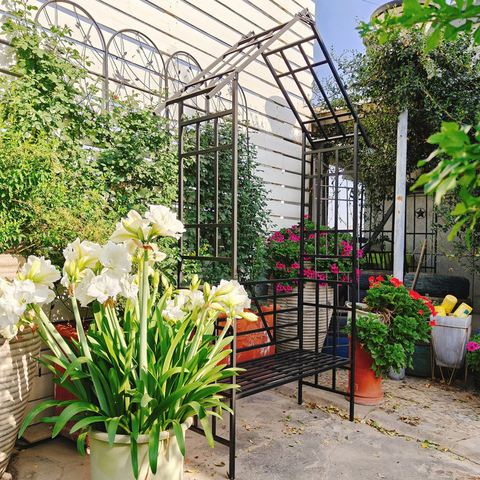 Garden Arch With Bench Turned Into Flower Stand Climbing Plants Support Outdoor - Black