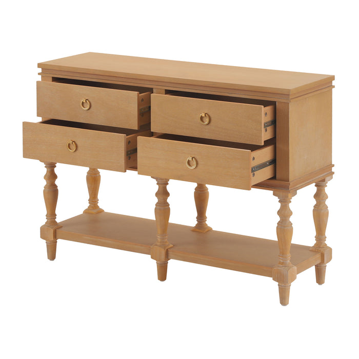 Console Table With 4 Soft Close Drawers, Thick Bottom Shelf For Living Room - Natural