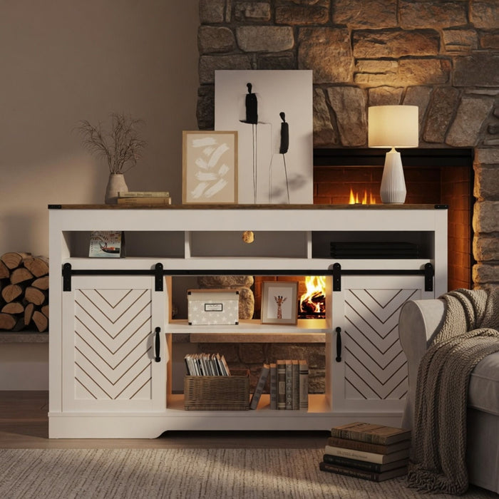 TV Stand With Sliding Barn Doors And Adjustable Storage - White / Oak
