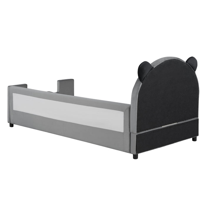 Upholstered Daybed With Bear Shaped Headboard, Hydraulic System And Breathable Mesh Fence