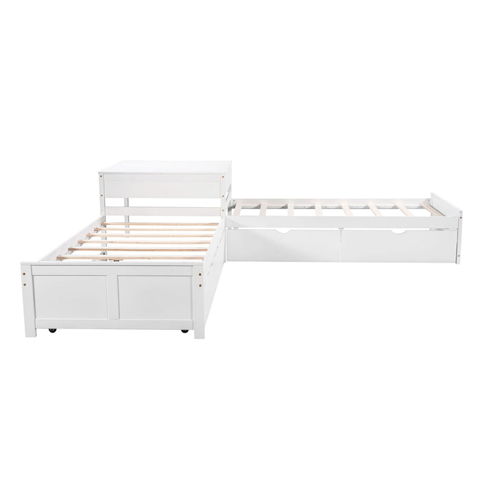 L Shaped Platform Bed With Trundle And Drawers Linked With Built In Desk