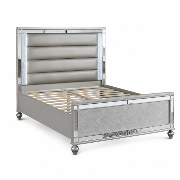 Modern Bed With LED Lights And Glass Panels, 2 Nightstands