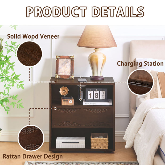 Nightstand With USB Ports & Outlet Hole, End Table With Drawer