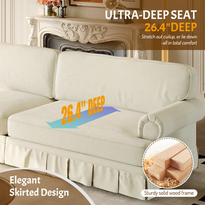 Luxuriously Comfortable Cloud Couch Sofa With Elegant Rolled Arms & Pleated Skirt Design
