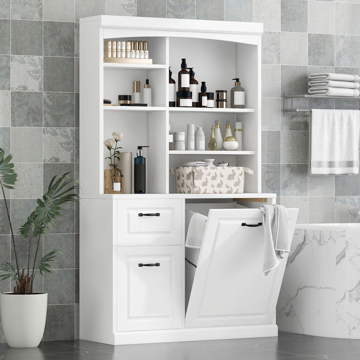 Bathroom Storage Cabinet With Tilt Out Hamper, Tall Free Standing Organizer With Drawers & Adjustable Shelves, Linen Tower With Steel Handles - White