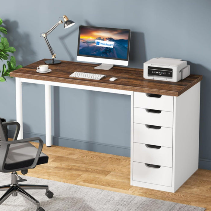 Computer Desk With 5 Drawers, Reversible Cabinet Design