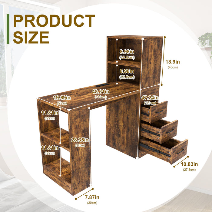 Computer Desk With 4 In 1 Socket & 3 Drawers, 4 Tier Shelves