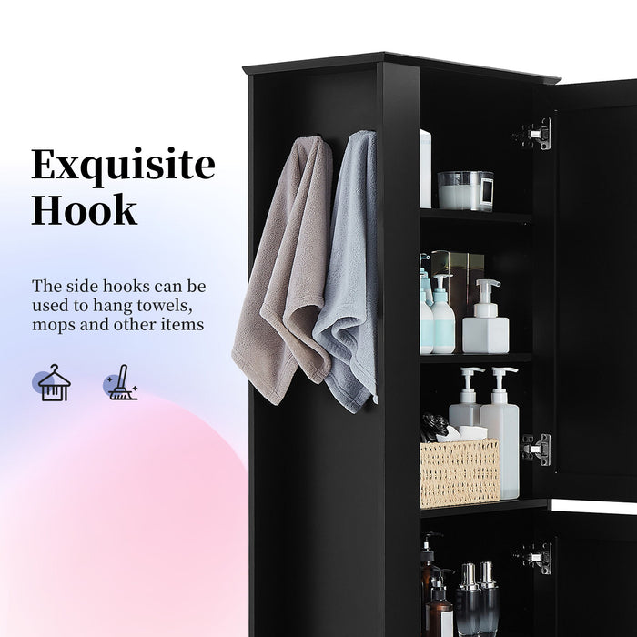 Tall Freestanding Bathroom Storage Cabinet With Adjustable Shelves And Side Hooks