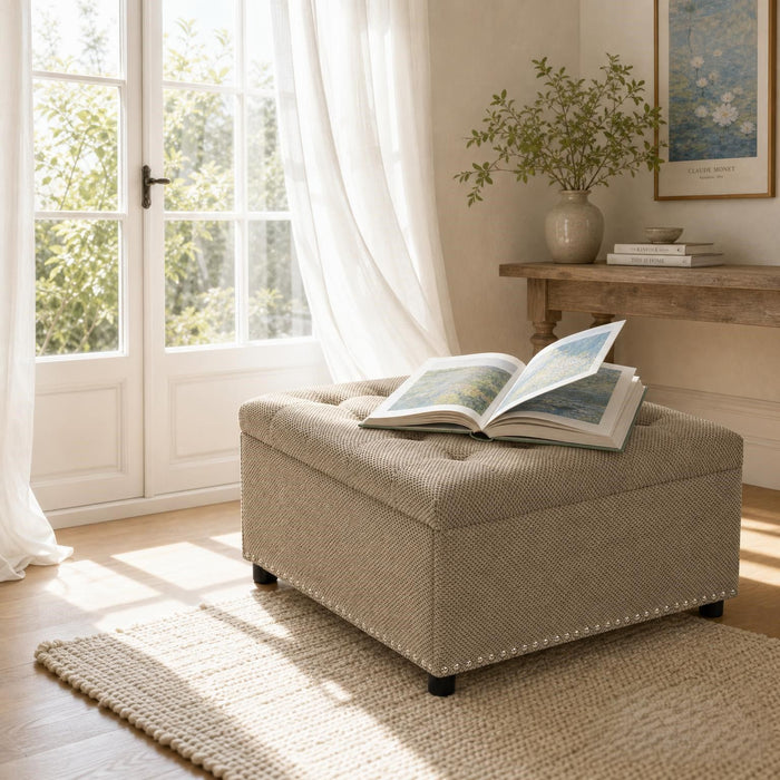 Square Tufted Storage Ottoman With Nailhead Trim