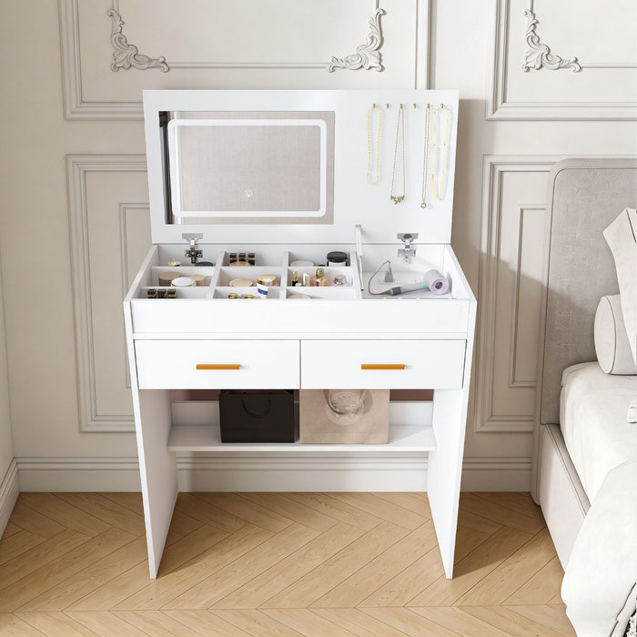 Flip Top Vanity Desk With LED Mirror & Outlet Makeup Table With 2 Drawers, Open Storage, And Jewelry Hooks - White