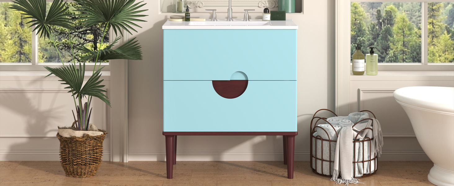 Bathroom Vanity Cabinet With Ceramic Sink Combo Set, Frame Modern Bathroom Storage Cabinet With 2 Drawers - Blue