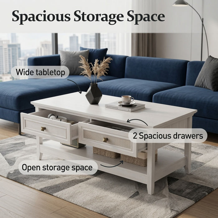 Coffee Table With Drawers & Storage Shelf - White