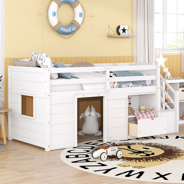 Low Loft Bed With Stair, Drawer, And Shelf