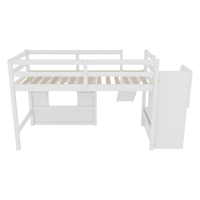 Loft Bed With Storage Stairs, Slide, Playhouse Window And 7 Colors LED Lights