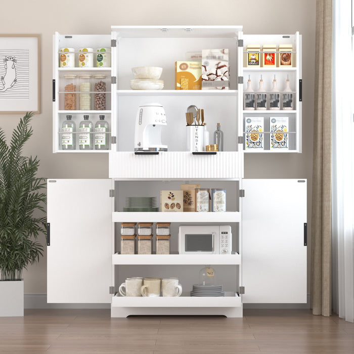 Fluted Kitchen Pantry Cabinet With 3 Keyboard Drawers & 6 Adjustable Door Shelves