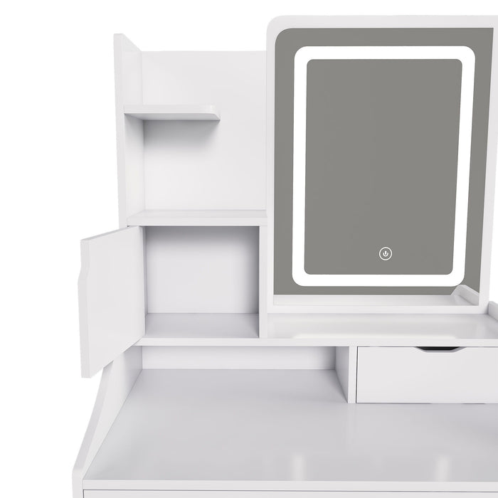 3 Color LED Vanity Mirror With Stool, Dressing Table For Bedroom, 2 Drawers & 5 Storage Cabinets (4 Open + 1 Hidden), Adjustable Lighting - White